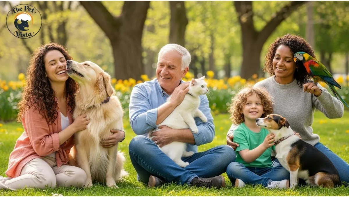 Happy pets with owner representing The Pet Vista pet care mission - About US